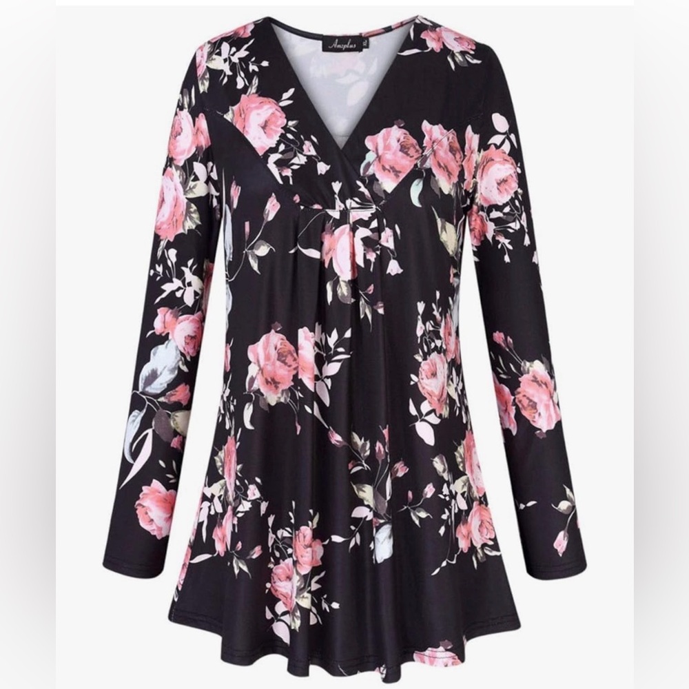 AMZ PLUS Women's Pleated V-Neck Long Sleeve Floral Print Blouse Tunic Shirt 4X